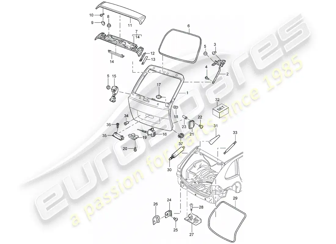 porsche 2006 (cayenne e1 9pa) tapa del maletero trasero diagrama de piezas