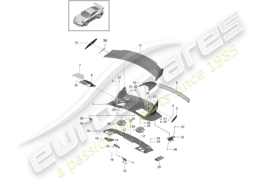 porsche 2021 (991-2 r/gt3/rs) tapa trasera alerón trasero d - mj 2018>> diagrama de piezas