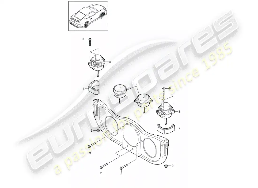 porsche 2008 (997-1 gt3) suspensión del motor diagrama de piezas