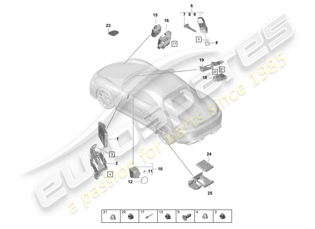 porsche 2021 (718 boxster spyder) unidades de control parte delantera parte trasera transmisor portátil interruptor de encendido/arranque diagrama de piezas de la antena