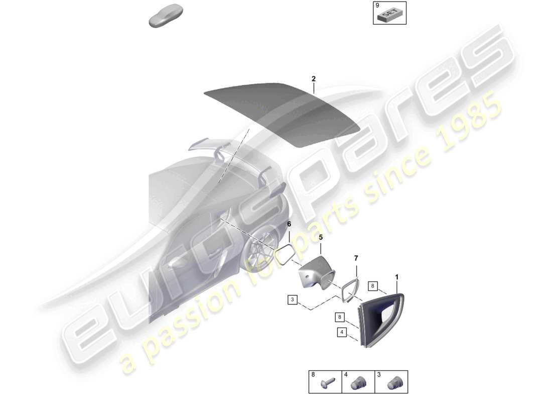 porsche 2021 (718 cayman gt4) diagrama de piezas de la ventana lateral y la ventana trasera