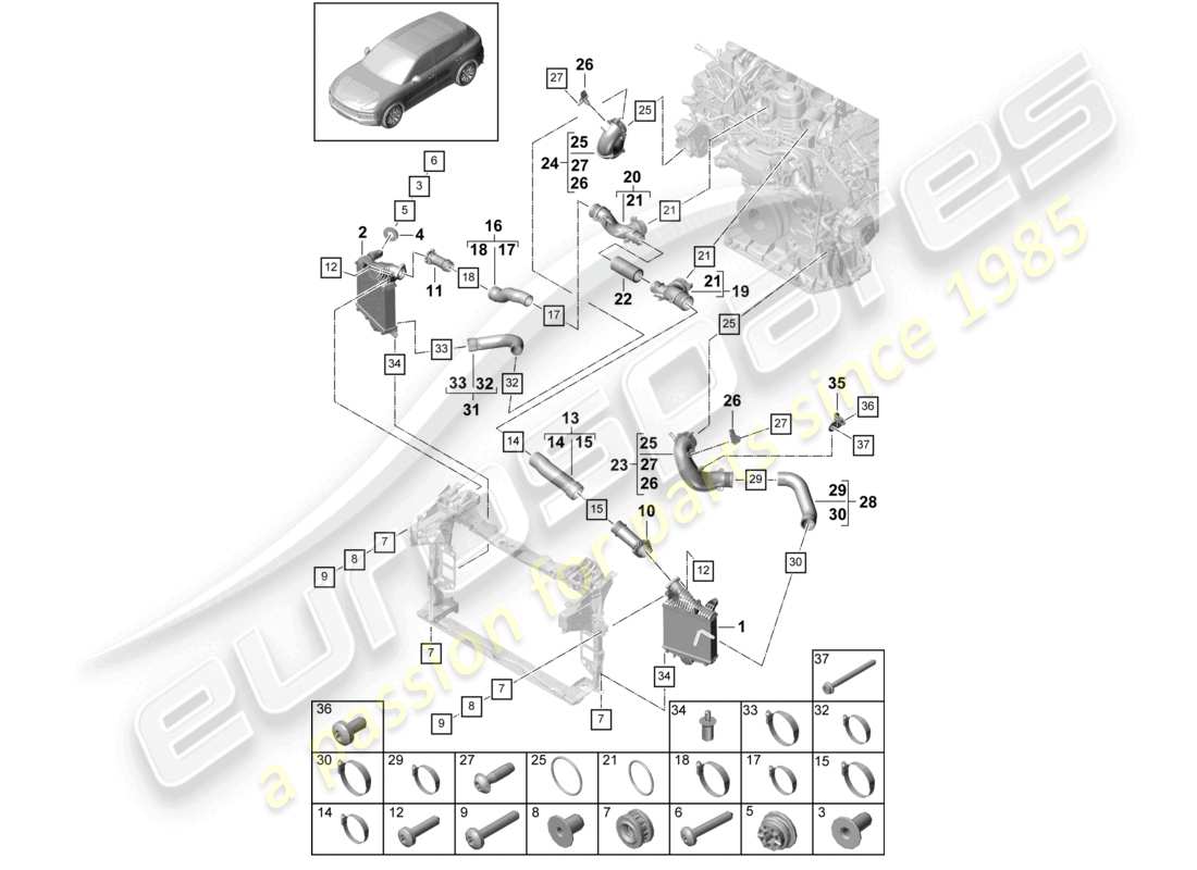 porsche 2021 (cayenne e3 9ya/9yb) diagrama de piezas del tubo de presión del enfriador de aire de carga