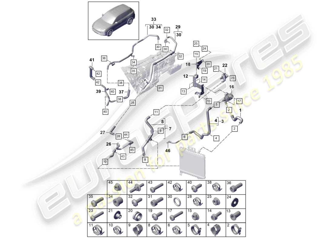 porsche 2021 (cayenne e3 9ya/9yb) sistema de enfriamiento del refrigerante diagrama de piezas