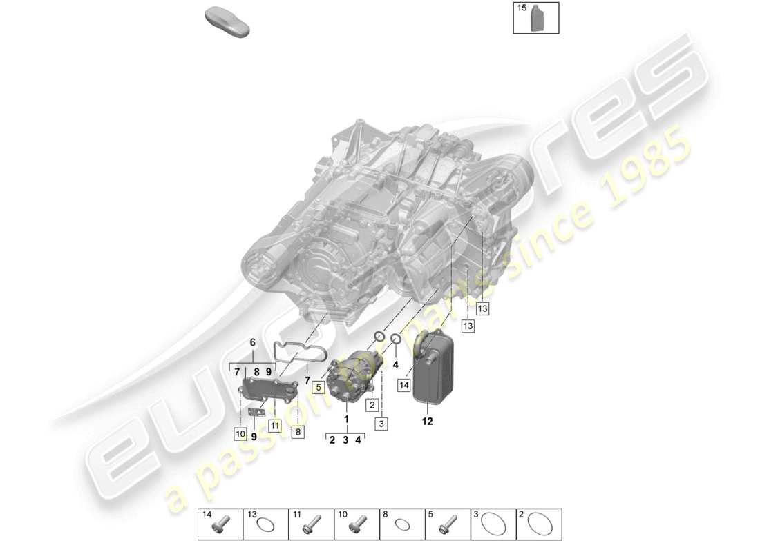porsche 2025 (macan-e) diagrama de piezas del motor de tracción para la bomba de aceite del eje delantero con accionamiento eléctrico