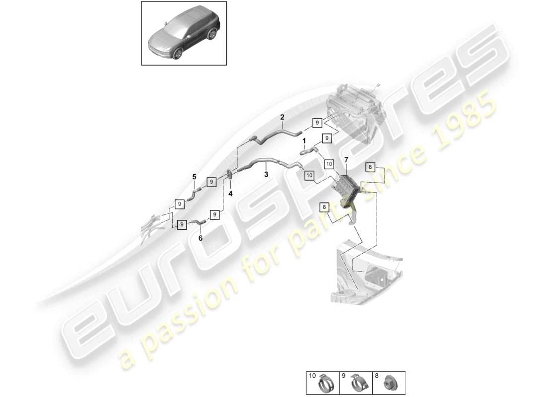 porsche 2021 (cayenne e3 9ya/9yb) diagrama de piezas del calentador rhd del circuito de alta temperatura de la caja de agua para vehículos con propulsión híbrida