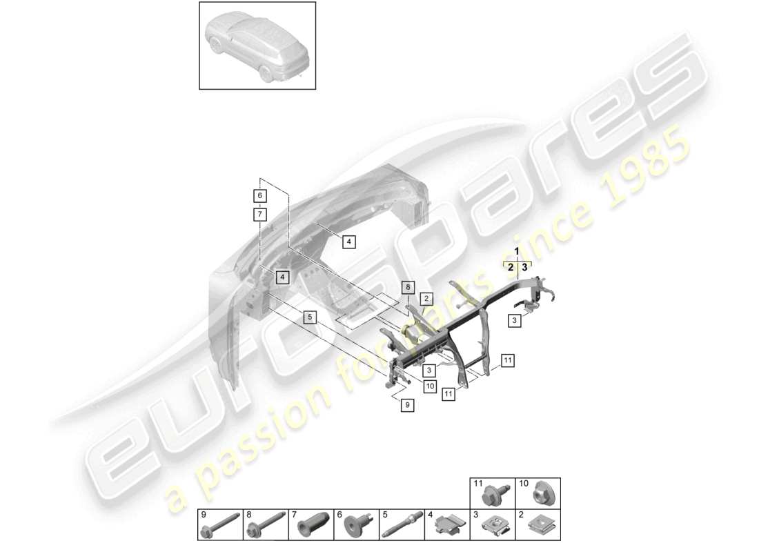 porsche 2021 (cayenne e3 9ya/9yb) diagrama de piezas del marco de retención del panel de instrumentos