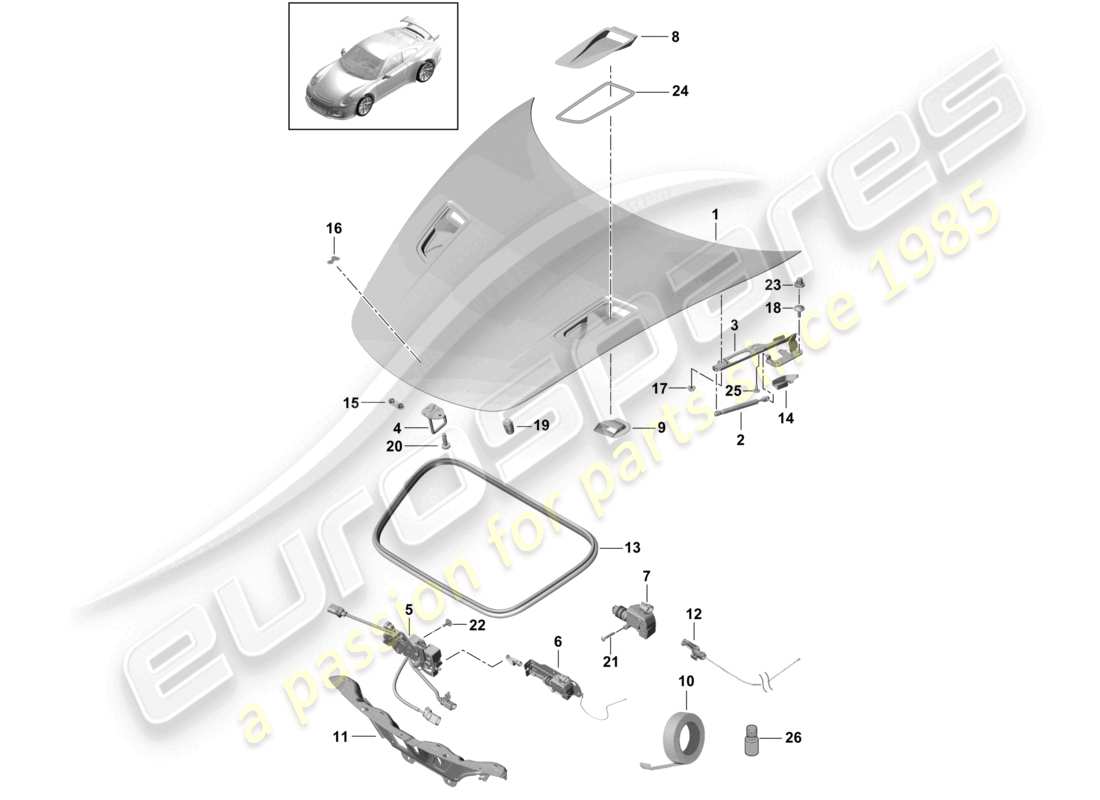 porsche 2021 (991-2 r/gt3/rs) diagrama de pieza delantero del capó