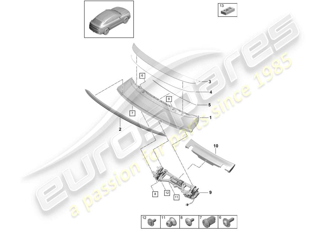 porsche 2023 (cayenne e3 9ya/9yb) diagrama de piezas del alerón trasero del turbo coupé