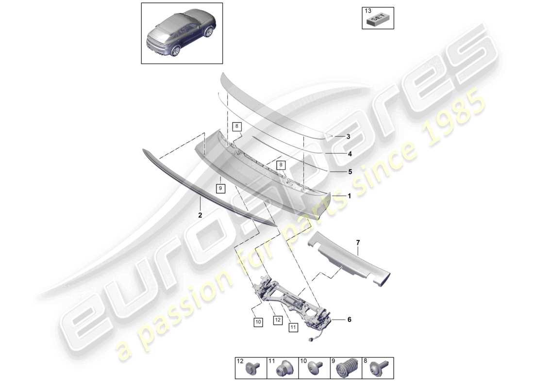 porsche 2023 (cayenne e3 9ya/9yb) diagrama de piezas del alerón trasero del turbo gt coupe gt