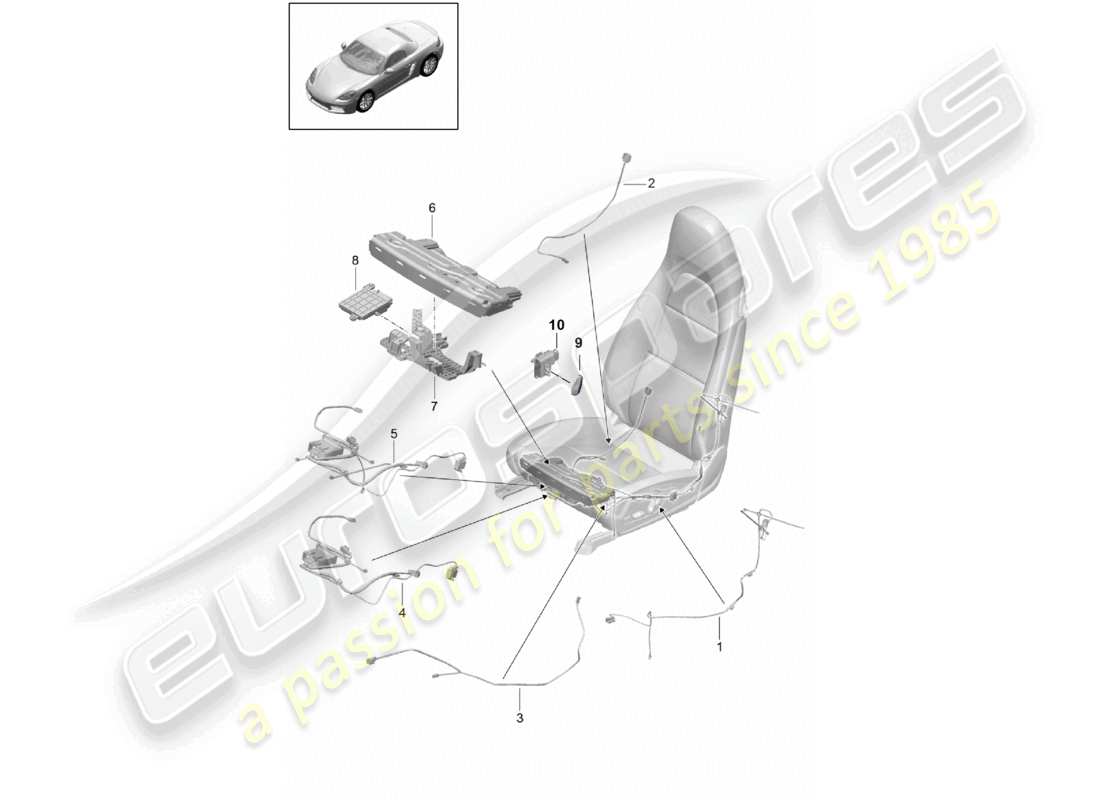 porsche 2021 (718 boxster) diagrama de piezas del asiento deportivo del motor eléctrico de la unidad de control del interruptor de cableado