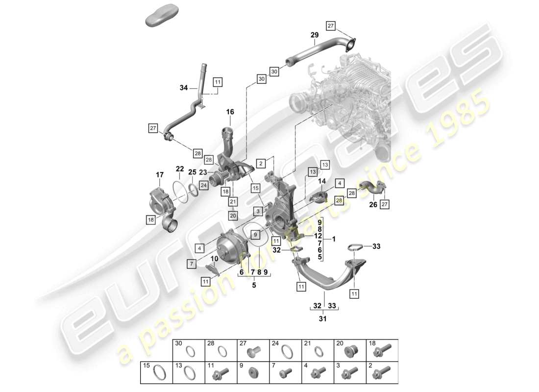 porsche 2021 (718 cayman gt4) carcasa del termostato del termostato de la bomba de refrigerante diagrama de piezas