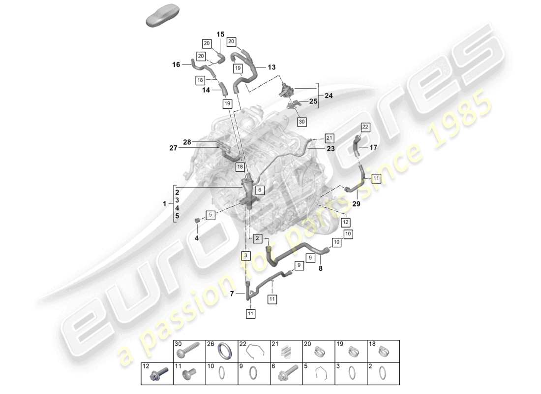 porsche 2024 (992-2) sistema de enfriamiento de refrigerante distribuidor de refrigerante diagrama de piezas del motor