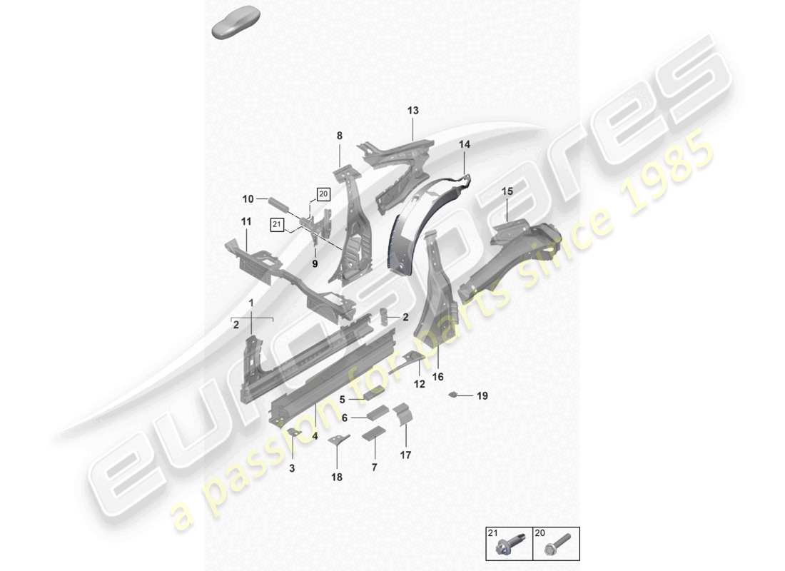 porsche 2021 (992-1 turbo / s) diagrama de la pieza turbo de la parte lateral interior del umbral