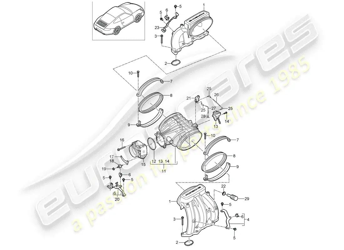 porsche 2012 (997-2) distribuidor de aire de admisión diagrama de piezas