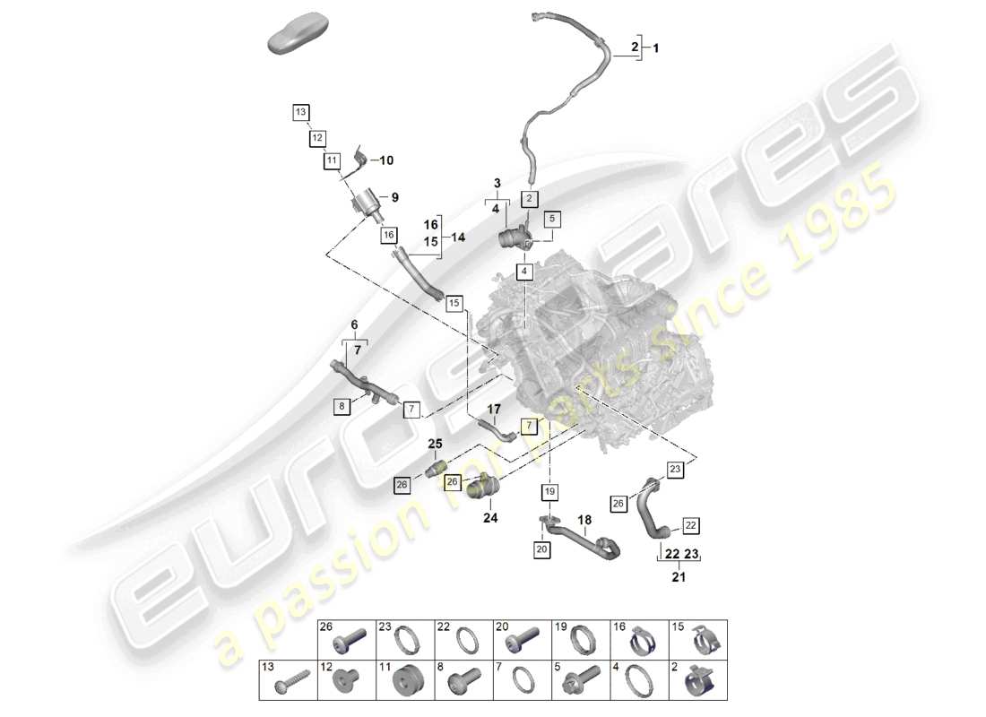 porsche 2024 (992-2) sistema de enfriamiento de refrigerante distribuidor de refrigerante diagrama de piezas del motor