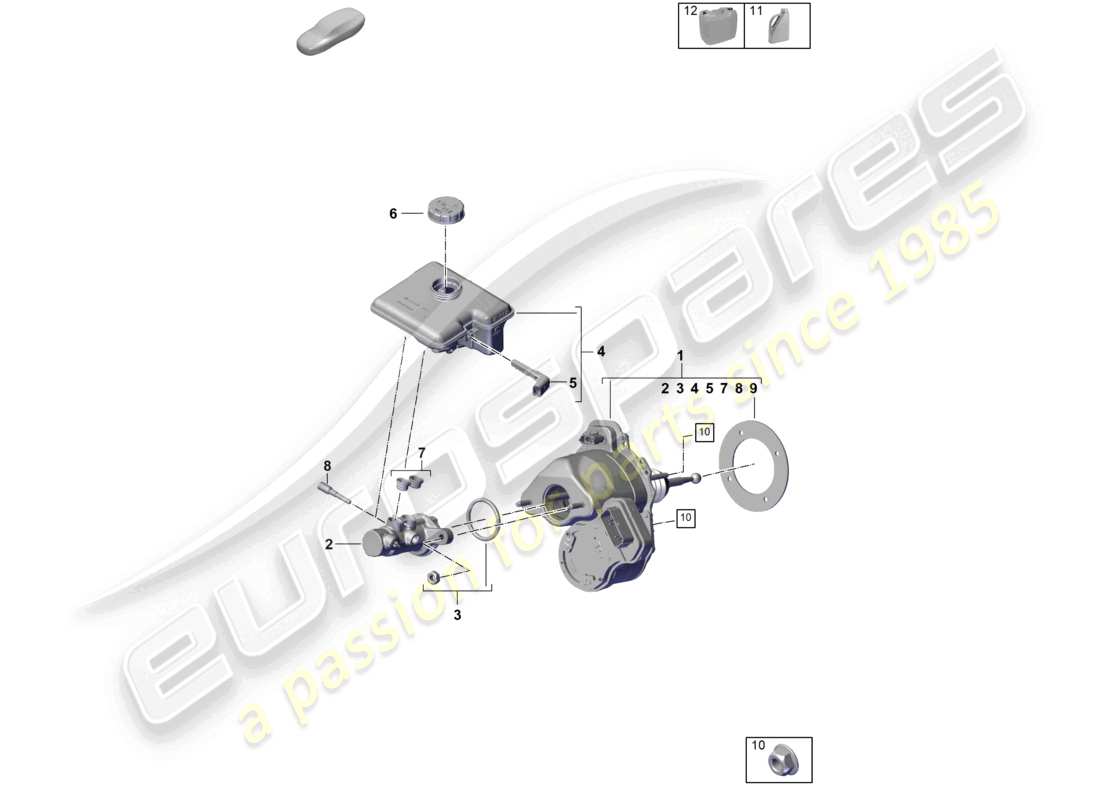 porsche 2025 (cayenne e3 pa) diagrama de piezas del depósito del servofreno con piezas de fijación del cilindro maestro del freno tándem