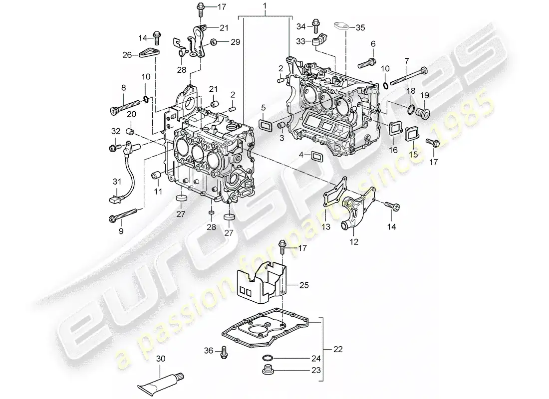 porsche 2007 (987 boxster) crankcase diagrama de piezas