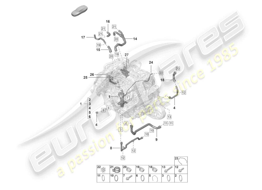 porsche 2023 (992-1) sistema de enfriamiento de refrigerante distribuidor de refrigerante diagrama de piezas del motor