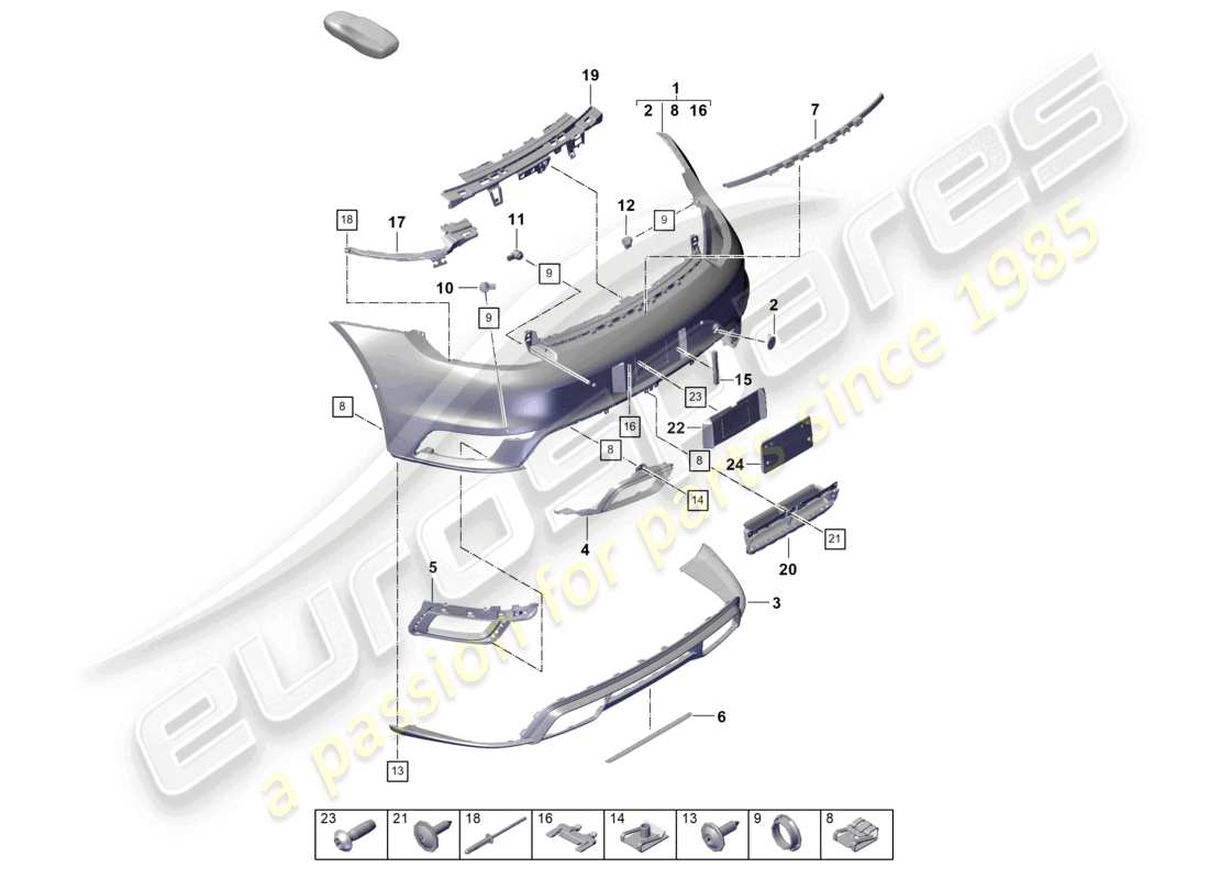 porsche 2025 (992-2 turbo / s) parachoques trasero con: diagrama de piezas de accesorios básicos