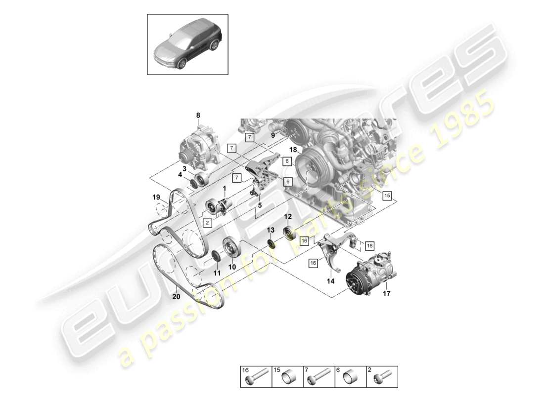porsche 2021 (cayenne e3 9ya/9yb) diagrama de piezas del amortiguador del tensor de correa de correa poli v