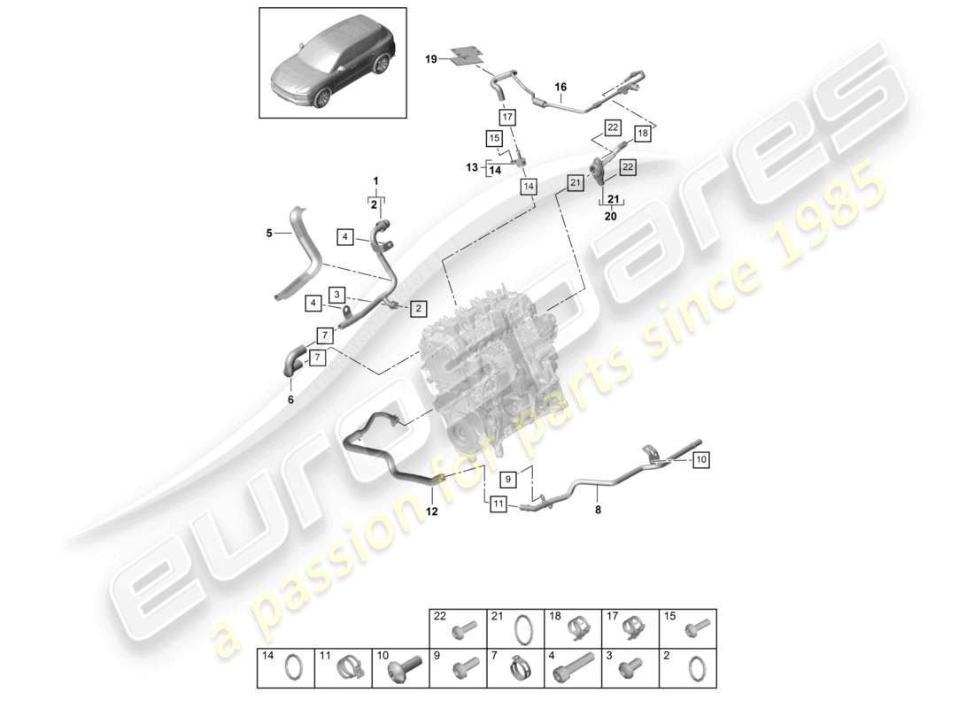 porsche 2021 (cayenne e3 9ya/9yb) sistema de refrigeración por refrigerante 1 diagrama de piezas