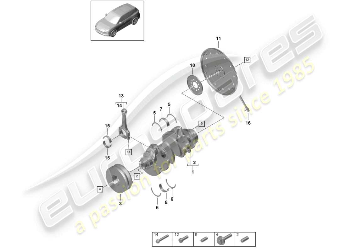 porsche 2021 (cayenne e3 9ya/9yb) diagrama de piezas del disco de embrague y la biela del cigüeñal