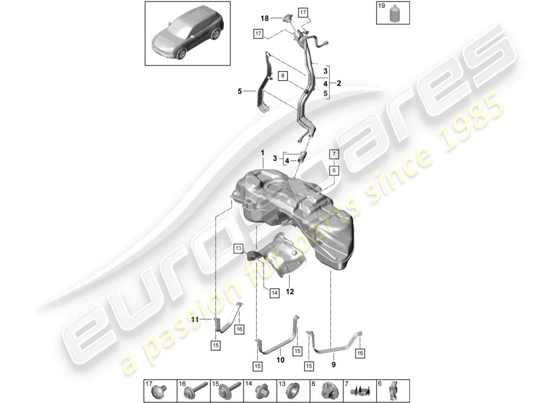 porsche 2021 (cayenne e3 9ya/9yb) tanque de combustible con accesorios diagrama de piezas