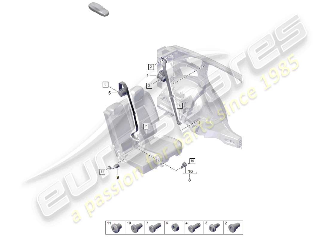 porsche 2024 (cayenne e3 pa) diagrama de piezas del cierre del cinturón trasero del cinturón de seguridad de tres puntos