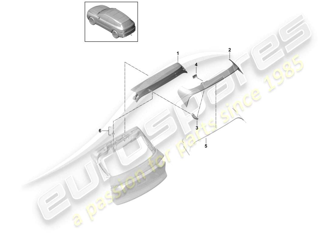 porsche 2023 (cayenne e3 9ya/9yb) diagrama de piezas del paquete sport design del alerón trasero