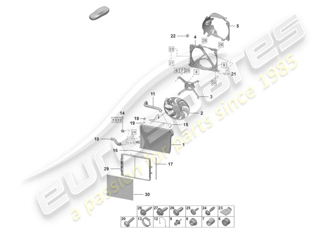 porsche 2023 (992-1) diagrama de piezas del ventilador del radiador delantero del enfriador de refrigerante