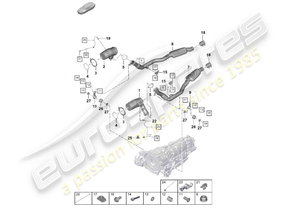 porsche 2024 (cayenne e3 pa) sistema de escape tubo de escape con catalizador tubo de escape con silenciador delantero sonda lambda diagrama de piezas