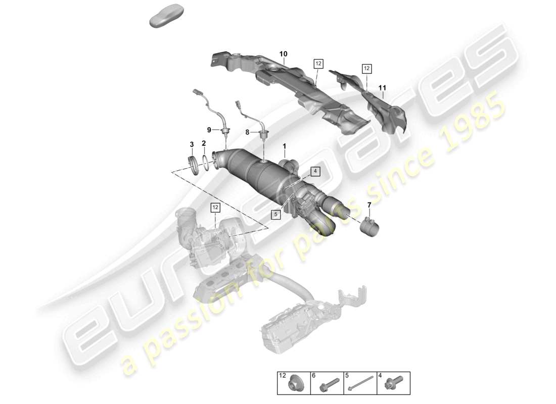 porsche 2024 (992-2) diagrama de piezas de fijaciones y sensores del convertidor catalítico