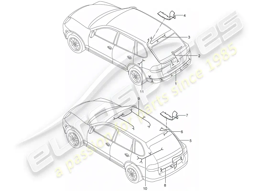 porsche 2004 (cayenne e1 9pa) cableando arneses diagrama de piezas