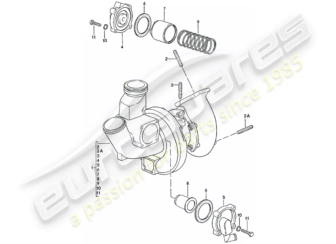 porsche 1983 (924) turbocompresor de gases de escape diagrama de piezas