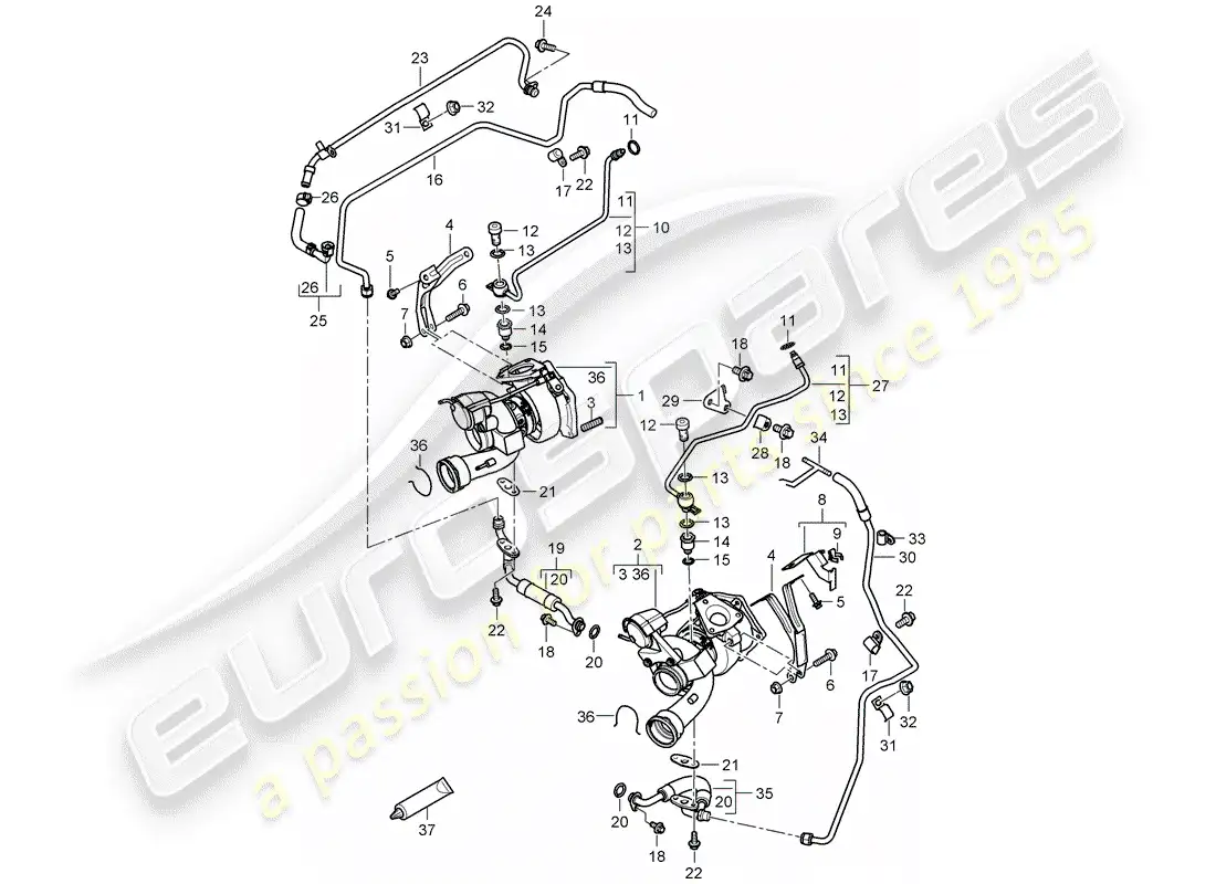 porsche 2008 (cayenne e1 9pa) turbocompresor de gases de escape diagrama de piezas