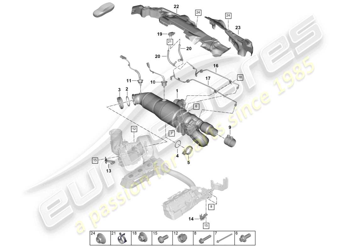 porsche 2026 (992-2) convertidor catalítico filtro de partículas de gasolina fijaciones y sensores diagrama de piezas
