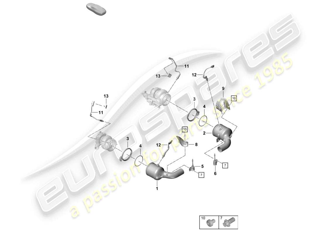 porsche 2025 (992-2 turbo / s) diagrama de piezas de fijaciones y sensores del convertidor catalítico