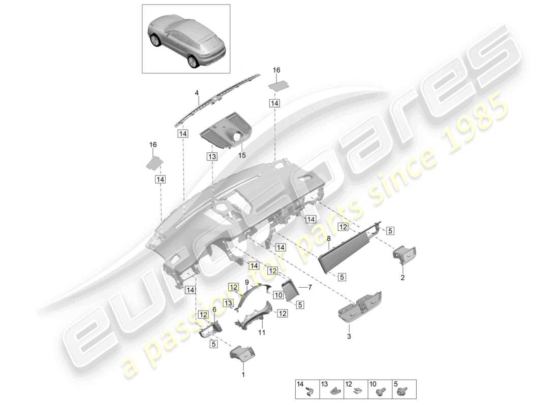 porsche 2021 (macan) accesorios moldura del panel de instrumentos parte superior diagrama de piezas