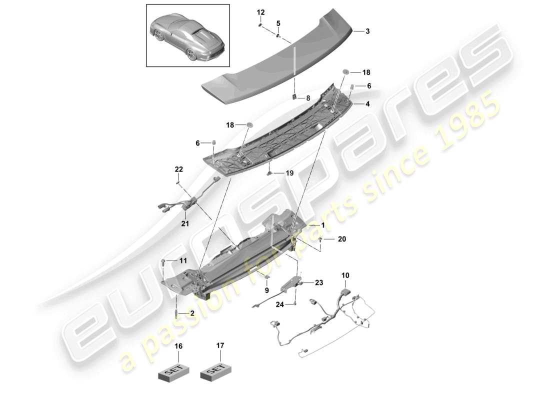 porsche 2021 (991-2 r/gt3/rs) diagrama de piezas del spoiler trasero