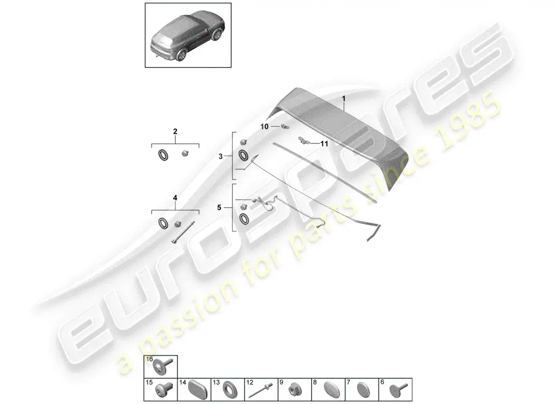 porsche 2018 (cayenne e3 9ya/9yb) alerón trasero diagrama de piezas