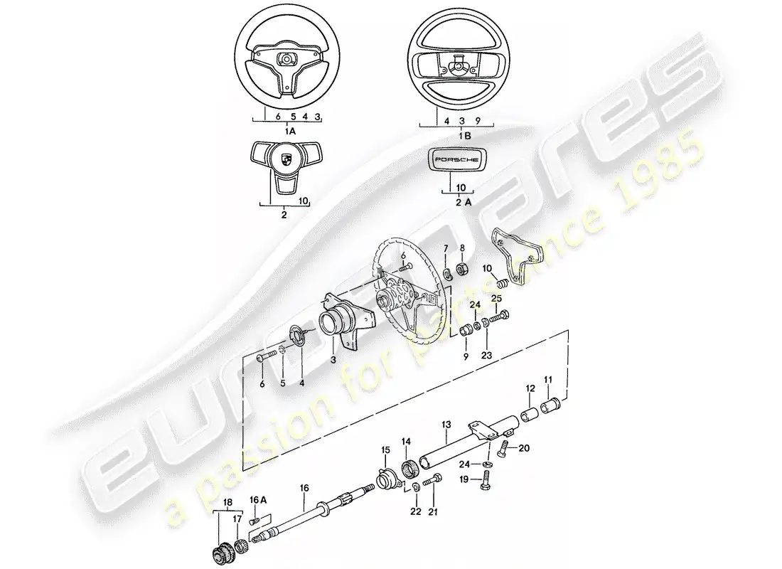 porsche 1986 (924s) volante - columna de dirección diagrama de piezas