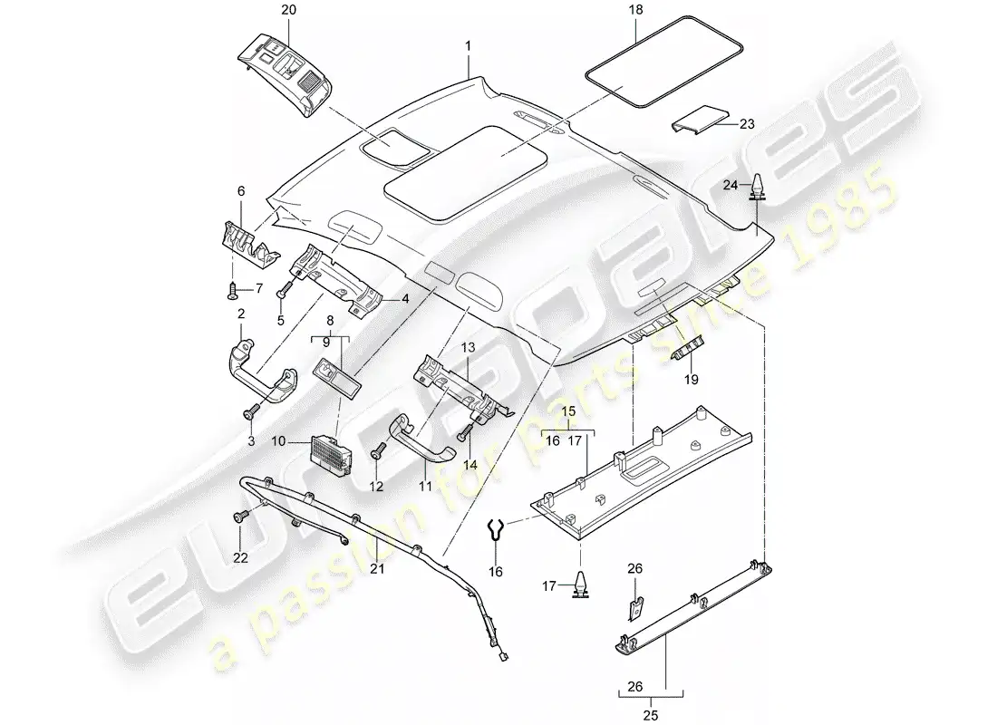 porsche 2004 (cayenne e1 9pa) panel de adorno de techo diagrama de piezas