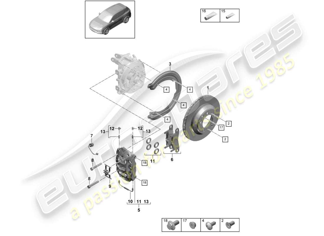 porsche 2021 (cayenne e3 9ya/9yb) freno de disco 18 eje trasero plateado diagrama de piezas
