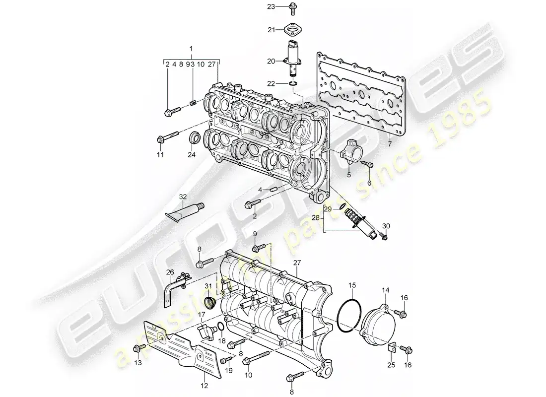 porsche 2008 (997-1 gt3) carcasa del árbol de levas diagrama de piezas