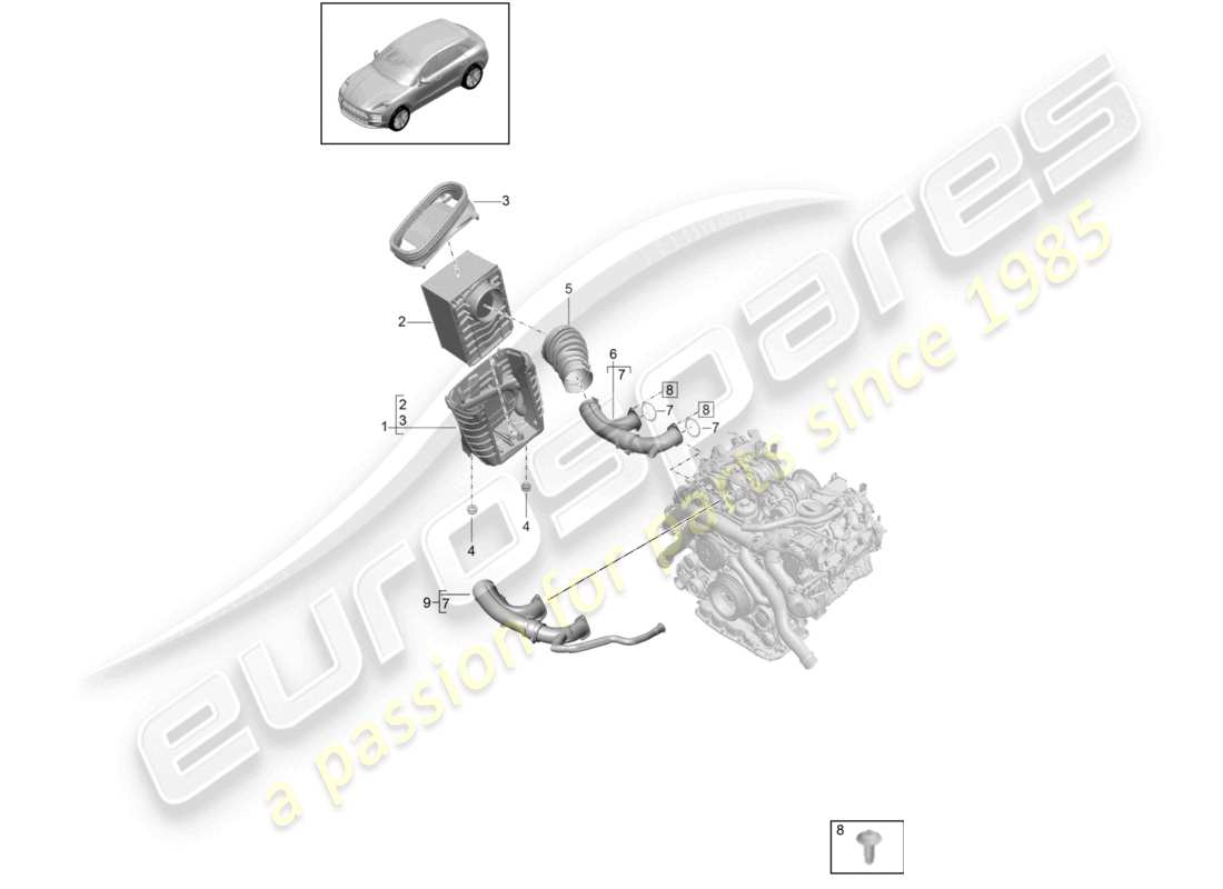porsche 2021 (macan) elemento del filtro de aire diagrama de piezas de la carcasa del filtro de aire