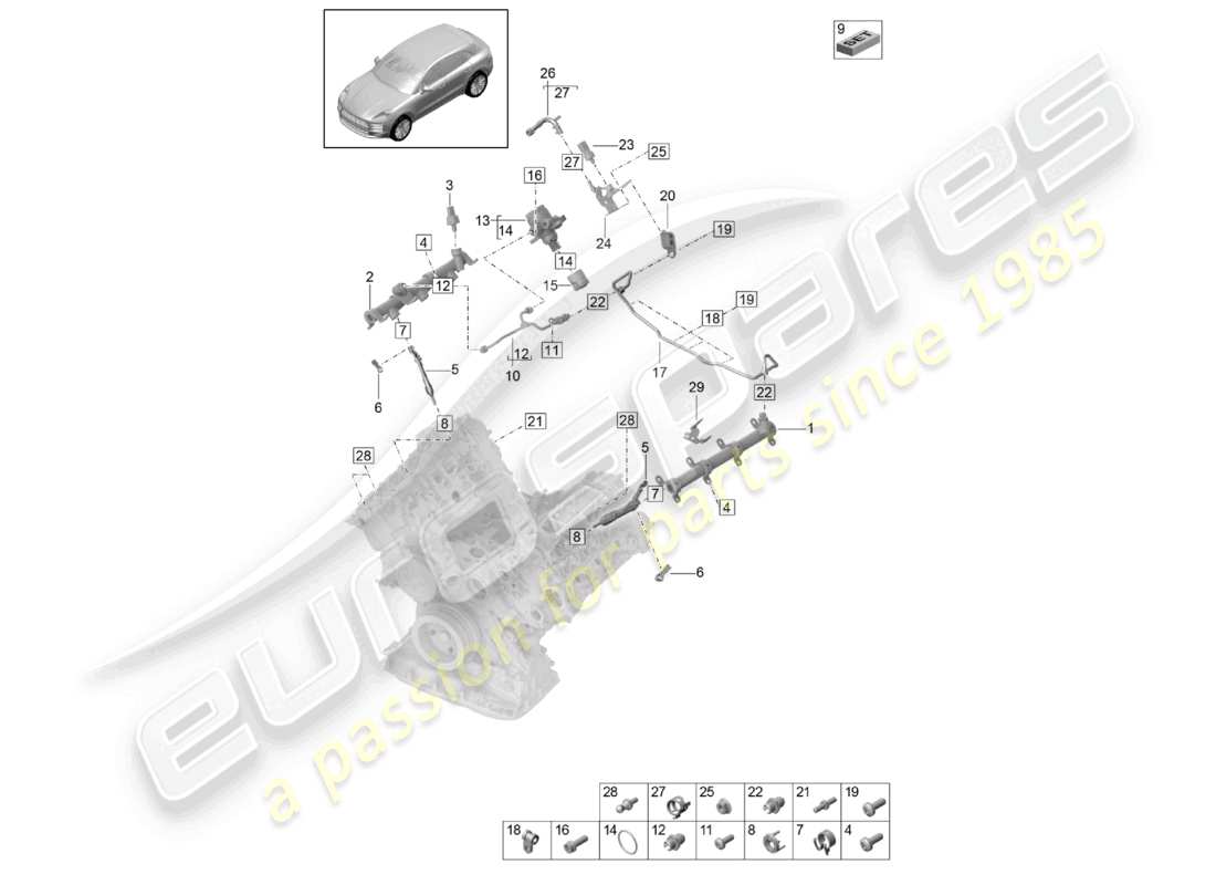 porsche 2021 (macan) diagrama de piezas de la bomba de alta presión del inyector de alta presión del tubo de recolección de combustible