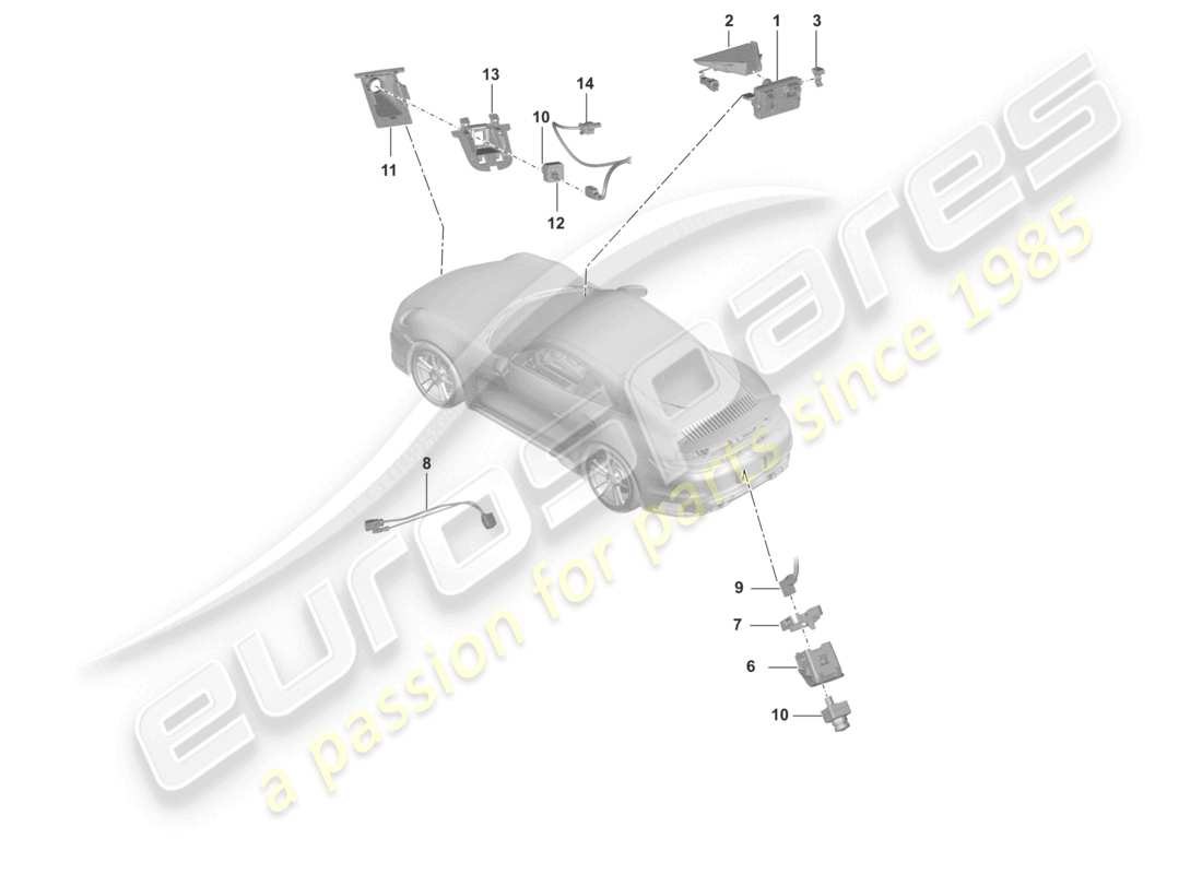 porsche 2020 (992-1 turbo / s) cámara frontal para programas de asistencia al conductor cámara de marcha atrás diagrama de piezas de vista superior real