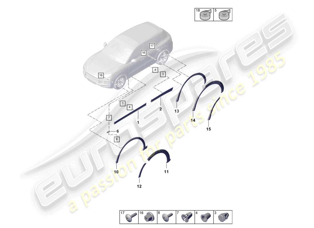 porsche 2024 (cayenne e3 pa) diagrama de piezas de la moldura de la cubierta del paso de rueda para la puerta