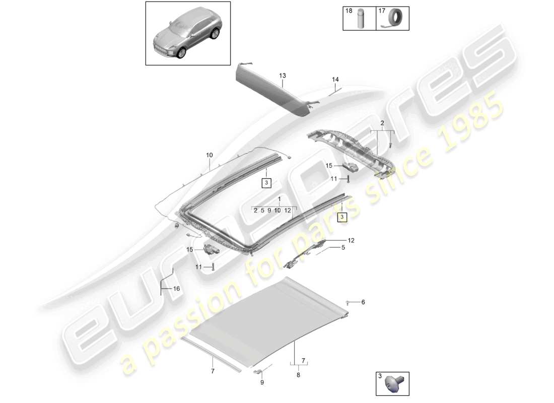 porsche 2021 (macan) diagrama de piezas de accesorios del marco del techo de vidrio