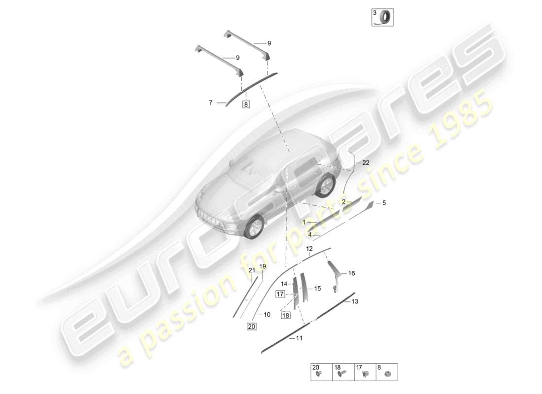 porsche 2021 (macan) diagrama de piezas de molduras exteriores